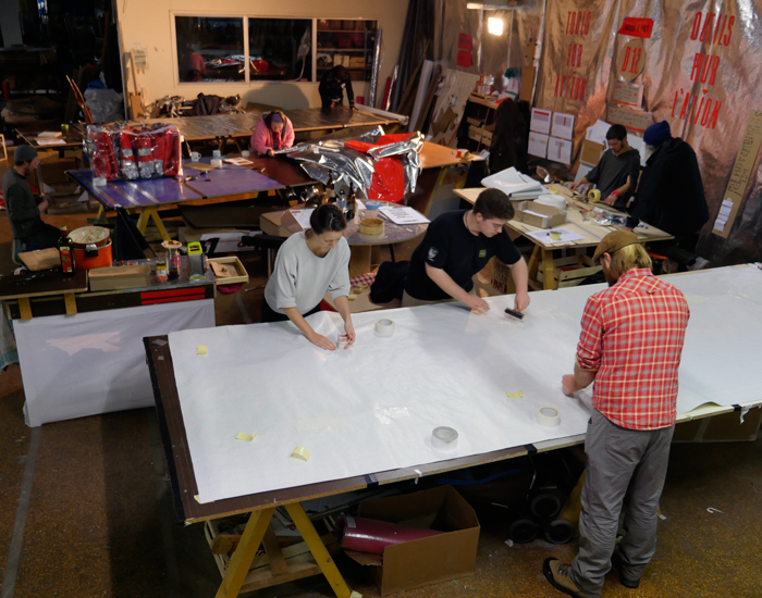 Inside the inflatable studio where we gave skillshare workshops how to make the inflatable barricade.